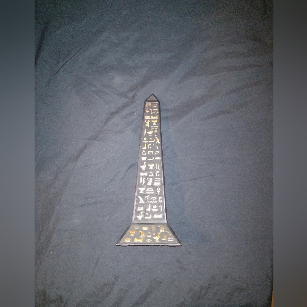 Vintage Egyptian Heavy Obelisk Black Pharaoic Scenes gold hieroglyphics statue